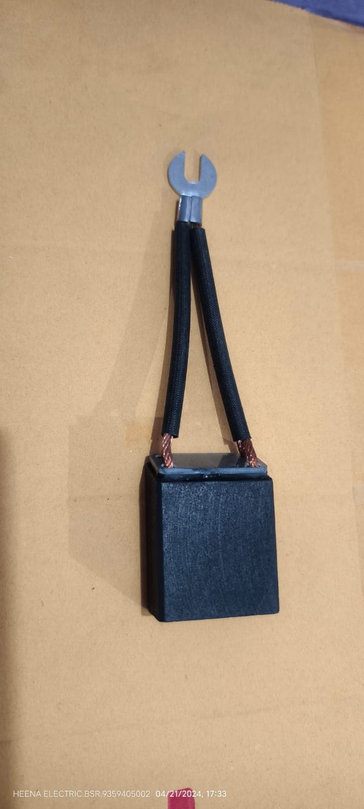 Industrial carbon brush with twin sleeved leads and fork terminal by Heena Electric Corporation, Bulandshahr
