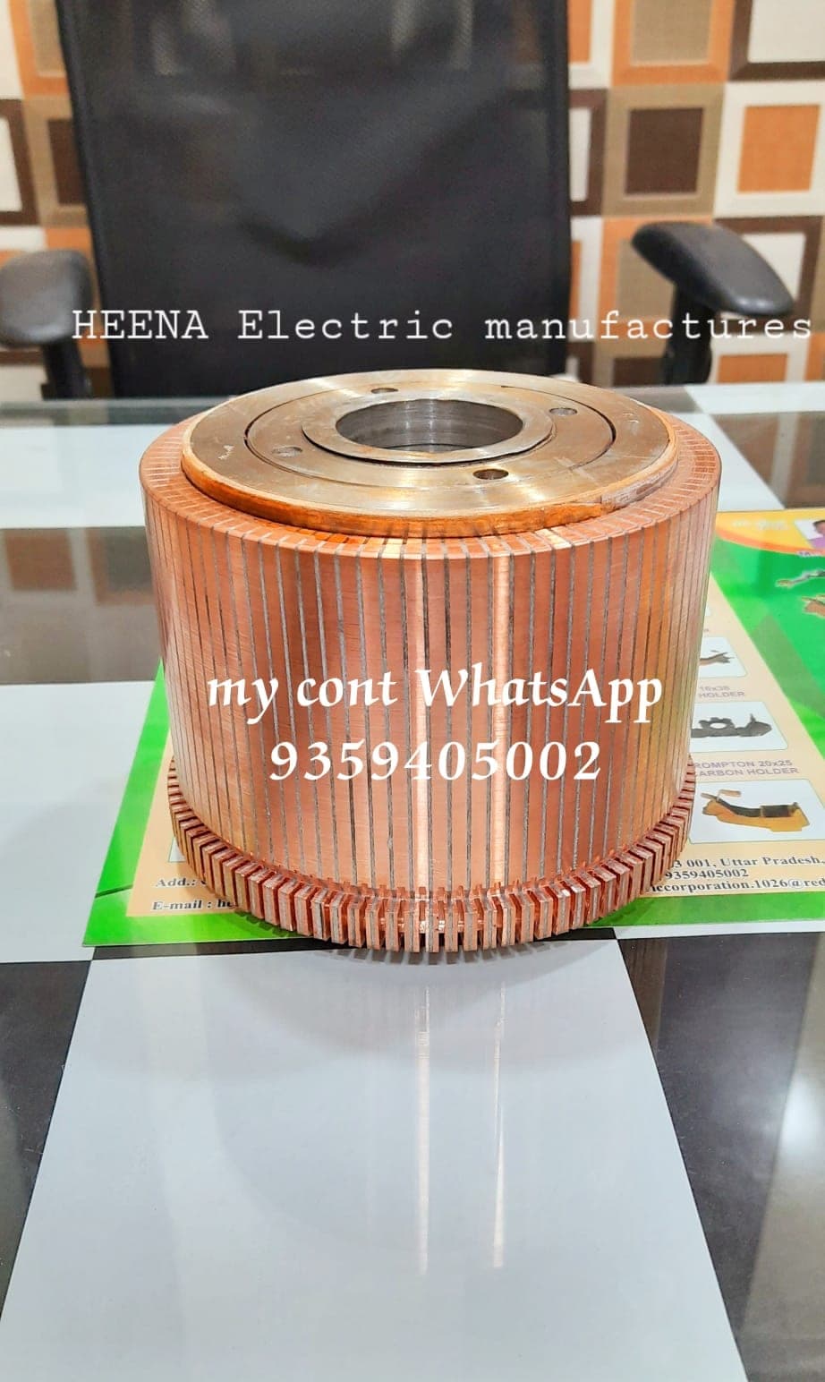 Finished segmented copper commutator displayed at Heena Electric Corporation office